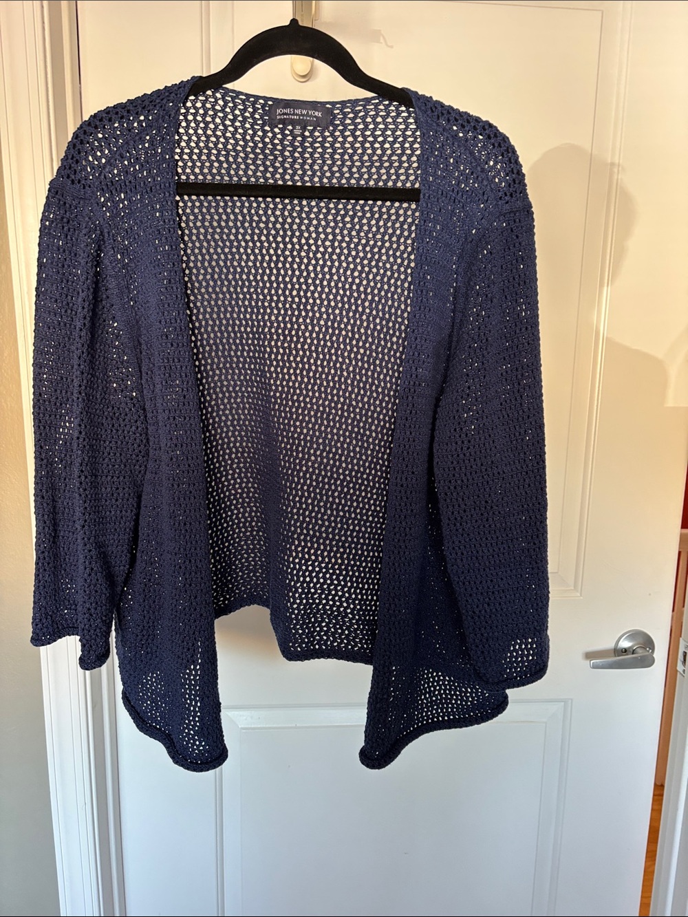 Jones New York Navy Open-Front Crochet Cardigan